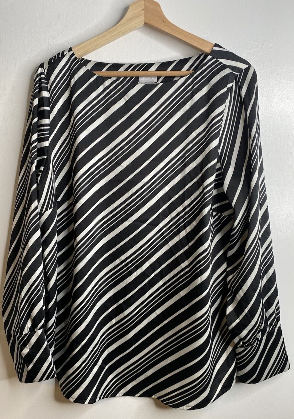 Chico's Women's Black & Silver Striped Satin Long Sleeve Top - Chico's Sz 2 - L